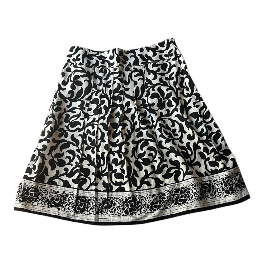 Ann Taylor Florentine Beige/Black Scroll Cotton Flat Pleat Side Zip Skirt Size 0